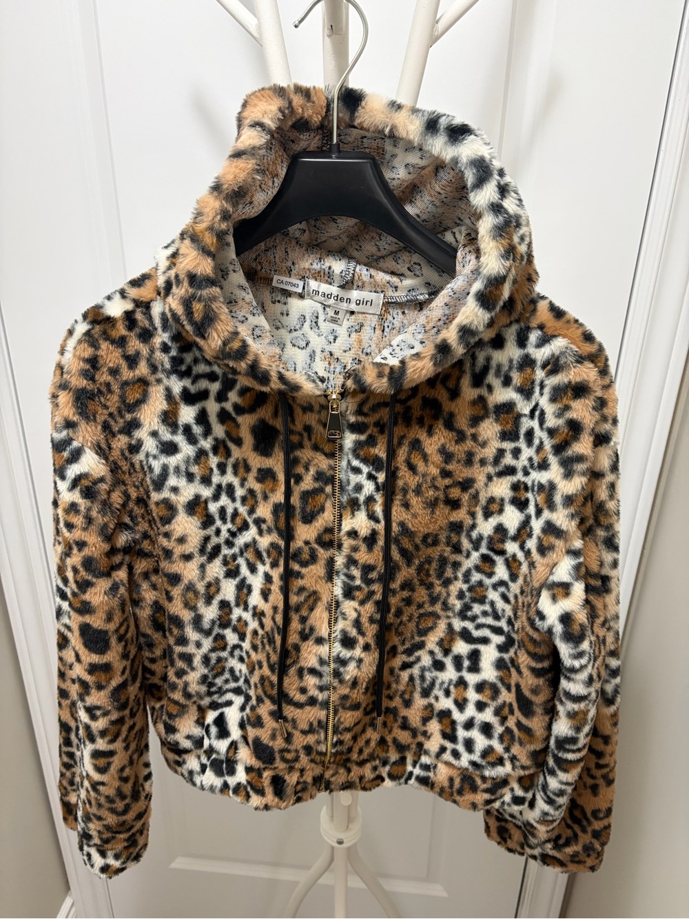 Madden Girl Leopard Print Faux-Fur Zip Hoodie in Brown & Black